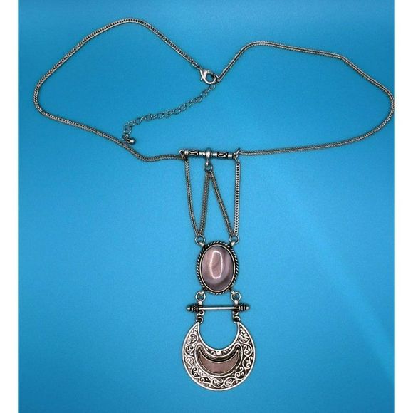 Long Silver Tone Faux Abalone Glass Stone Pendant Multi Tier Statement Necklace - Picture 1 of 5